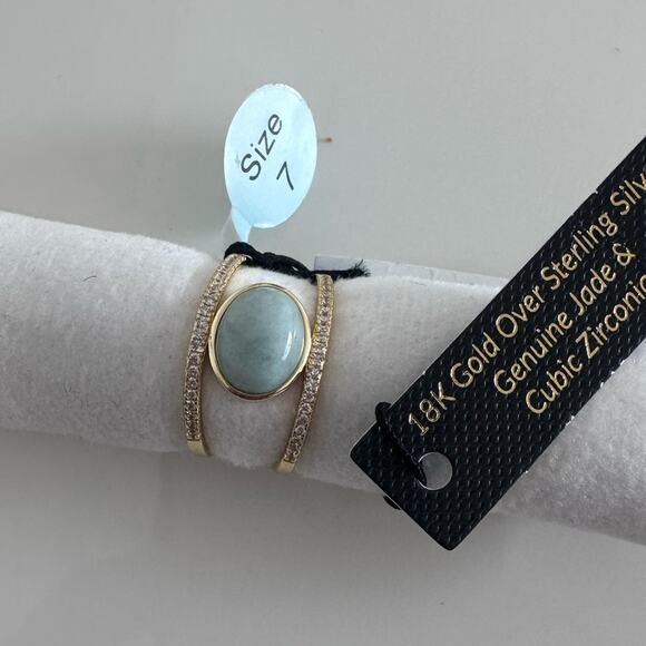 18k Gold over Sterling silver Genuine Jade & Cubic Zirconia Sz 7 ring stunning - Picture 9 of 12